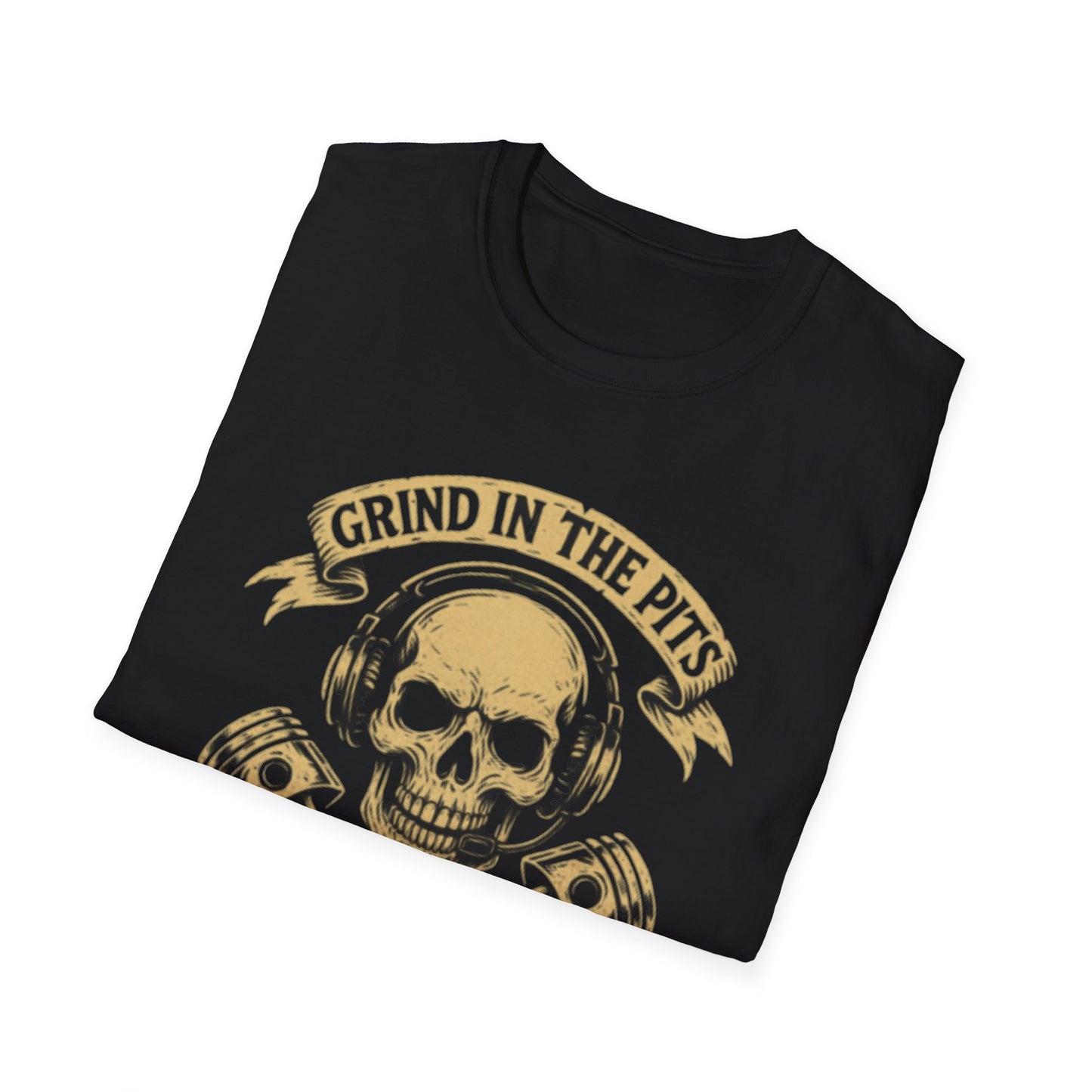 Grind in the Pits Unisex Softstyle T-Shirt, Casual Tee, Gift for Him, Car Enthusiast Shirt, NASCAR, Pit Crew