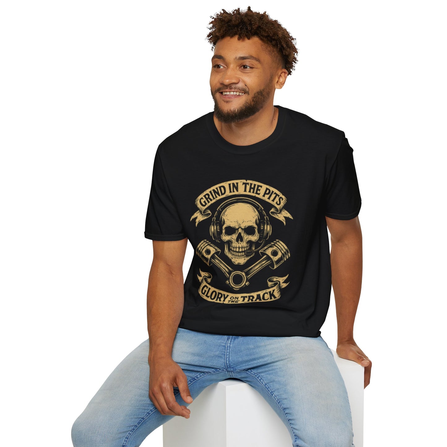 Grind in the Pits Unisex Softstyle T-Shirt, Casual Tee, Gift for Him, Car Enthusiast Shirt, NASCAR, Pit Crew