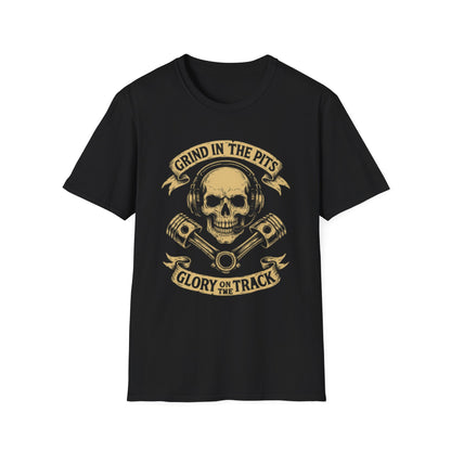 Grind in the Pits Unisex Softstyle T-Shirt, Casual Tee, Gift for Him, Car Enthusiast Shirt, NASCAR, Pit Crew