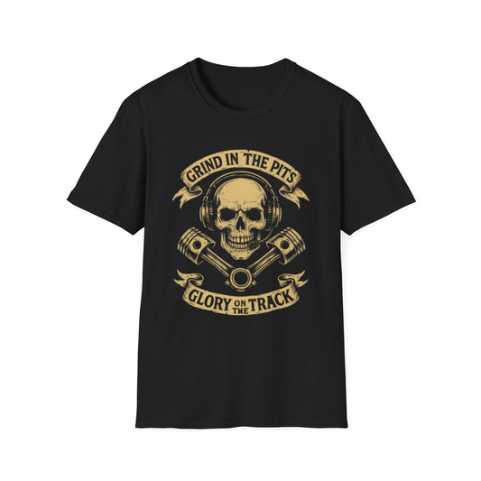 Grind in the Pits Unisex Softstyle T-Shirt, Casual Tee, Gift for Him, Car Enthusiast Shirt, NASCAR, Pit Crew